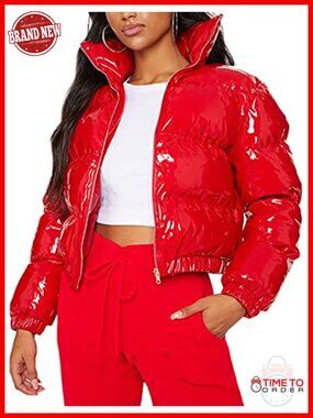Cropped Puffer Jacket Shiny Zip Up Short Bubble Puffy Coat with Pockets
